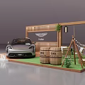 Aston Martin DBX Fashion Display With Wooden Structure Green Grass Barrels String Lights And Plants