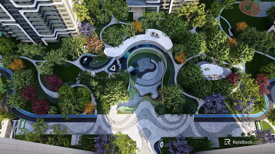 Modern Residential Landscape Design With Lush Greenery Winding Pathways And Water Features 3d model