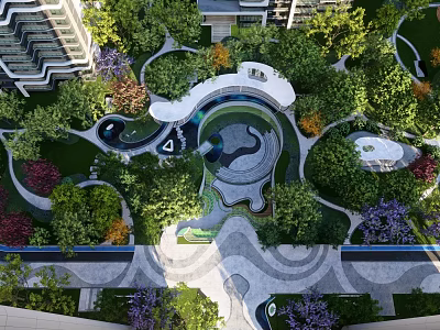 Modern Residential Landscape Design With Lush Greenery Winding Pathways And Water Features 3d model