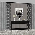 Modern Black Entryway Console Table With Vase Lamp Decor And Gray Striped Wall 3d model