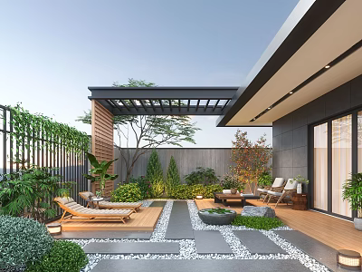 Modern Courtyard Garden Design With Pergola Wooden Loungers Stone Patio And Green Plants 3d model