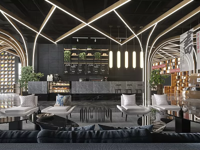 Modern Lounge Area With Sofas Coffee Tables Plants Bar Counter Bookshelves And Lighting Design 3d model
