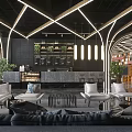 Modern Lounge Area With Sofas Coffee Tables Plants Bar Counter Bookshelves And Lighting Design