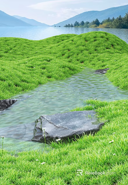 Tranquil Natural Landscape With Lush Green Grass Clear Stream And Smooth Stones 3d model 