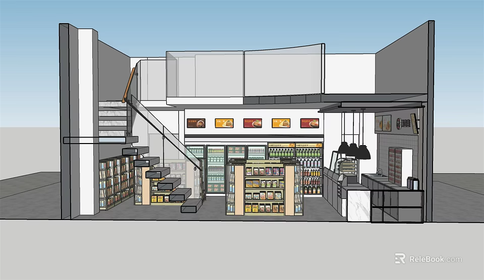 Supermarket Department Store Interior Layout With Shelves Products Staircase And Counter 3d model 