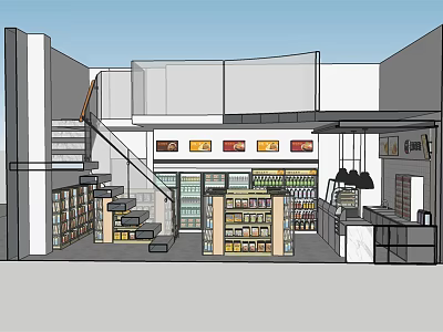 Supermarket Department Store Interior Layout With Shelves Products Staircase And Counter 3d model