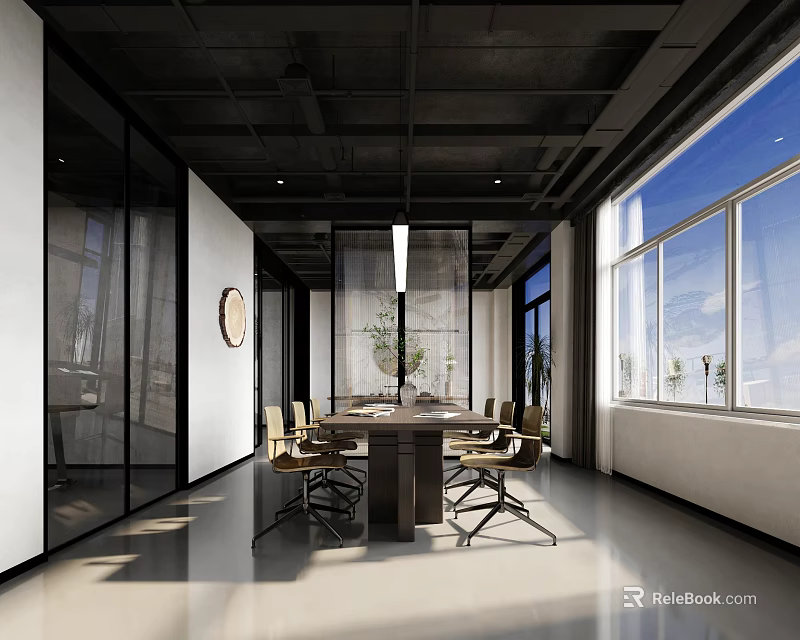Modern Conference Room With Large Windows Round Table Chairs And Glass Partitions 3d model 