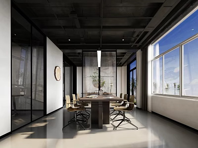 Modern Conference Room With Large Windows Round Table Chairs And Glass Partitions 3d model