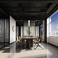 Modern Conference Room With Large Windows Round Table Chairs And Glass Partitions