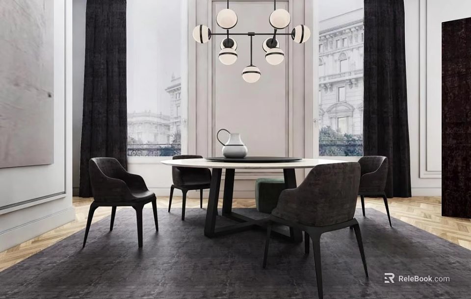 Elegant Round Dining Table Set With Four Dark Chairs Chandelier Dark Curtains And Dark Rug 3d model 