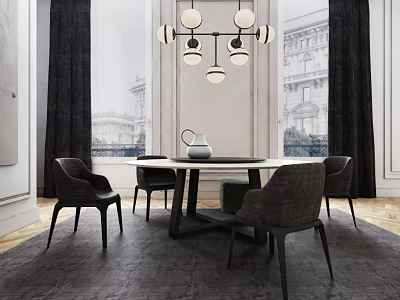 Elegant Round Dining Table Set With Four Dark Chairs Chandelier Dark Curtains And Dark Rug 3d model