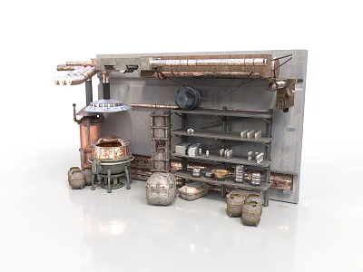 Industrial Workshop Equipment Setup With Metal Shelves Containers Pipes And Tools 3d model