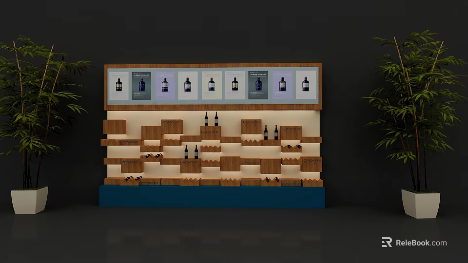 Modern Wooden Multi Layer Display Shelves With Blue Base And Bottles 3d model