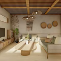 Cozy Natural Living Dining Room Interior With Wooden Ceiling Rattan Sofa And Dining Table