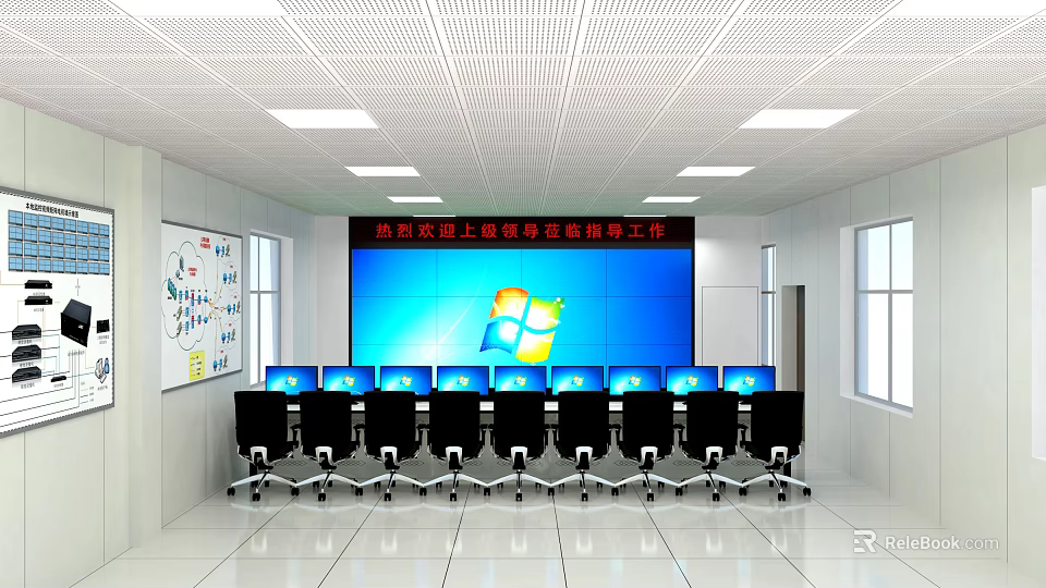 Monitoring Room Interior Setup With Large Display Screen Multiple Monitors And Office Chairs 3d model 
