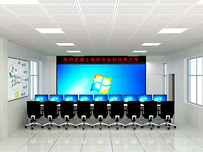 Monitoring Room Interior Setup With Large Display Screen Multiple Monitors And Office Chairs 3d model