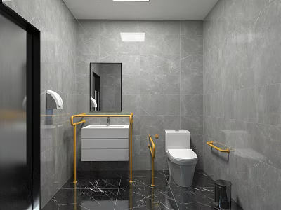 Modern Public Restroom Interior With Gray Tiles Washbasin Mirror Toilet And Handrails 3d model