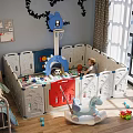 Cute Teddy Bear and Dinosaur Dolls in Kids Bedroom Playpen with Rocking Horse and Sunlight
