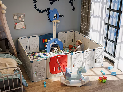 Cute Teddy Bear and Dinosaur Dolls in Kids Bedroom Playpen with Rocking Horse and Sunlight 3d model