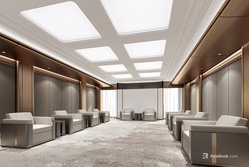 Hotel Public Lounge With Comfortable Sofas Modern Ceiling Lighting And Spacious Interior Design 3d model 