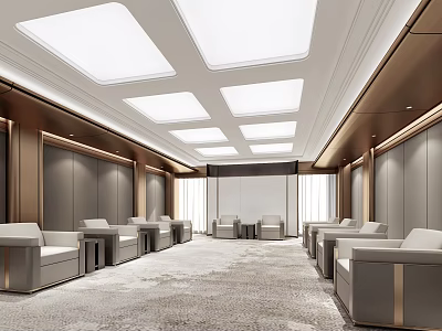 Hotel Public Lounge With Comfortable Sofas Modern Ceiling Lighting And Spacious Interior Design 3d model
