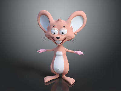3D Animated Cartoon Mouse Character With Large Ears Pink Body And Smiling Expression 3d model