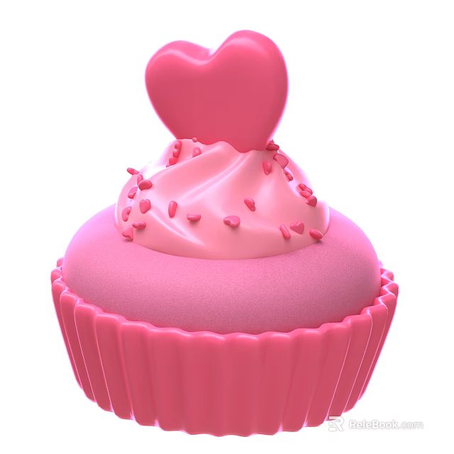 Pink Cupcake With Swirl Cream And Small Heart Sprinkles Topped With Large Heart 3d model 
