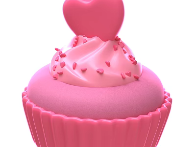 Pink Cupcake With Swirl Cream And Small Heart Sprinkles Topped With Large Heart 3d model
