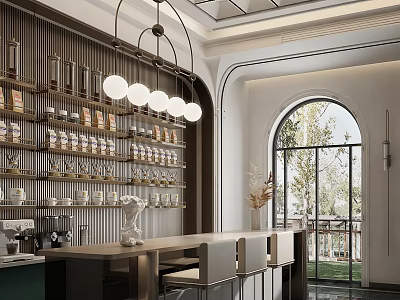 Modern Elegant Bar Area With Counter Stools And Pendant Lights 3d model