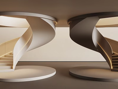 Modern Helical Spiral Staircase Design With Contrasting White Dark Tones And Illuminated Circular Base 3d model