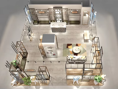 Modern Clothing Store Interior With Display Racks Seating Area And Plants 3d model