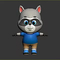 Cute 3D Cartoon Raccoon Game Character With Red Ears Blue Shirt And Orange Shorts