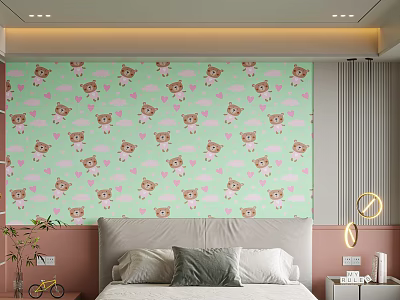 Bedroom Accent Wall With Cartoon Bears Pink Hearts And Clouds 3d model