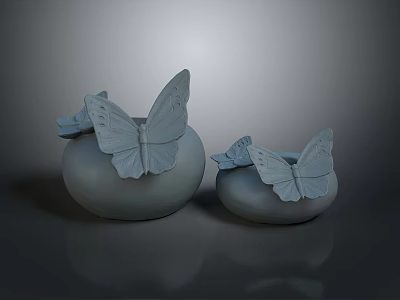 Two Light Gray Ceramic Vases With Delicate Butterfly Decorations On Smooth Matte Surface 3d model