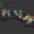 Colorful Patterned Vibrant Shoes Displayed On Curved Stand With Stylish Design