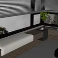 Modern Bay Window Seat With White Cushion Venetian Blinds Green Plant And Table Lamp