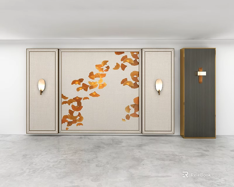 Modern Wall Sconces In Interior With Beige Cabinets Orange Leaf Pattern And Dark Gray Cabinet 3d model 