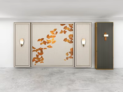 Modern Wall Sconces In Interior With Beige Cabinets Orange Leaf Pattern And Dark Gray Cabinet 3d model