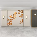 Modern Wall Sconces In Interior With Beige Cabinets Orange Leaf Pattern And Dark Gray Cabinet