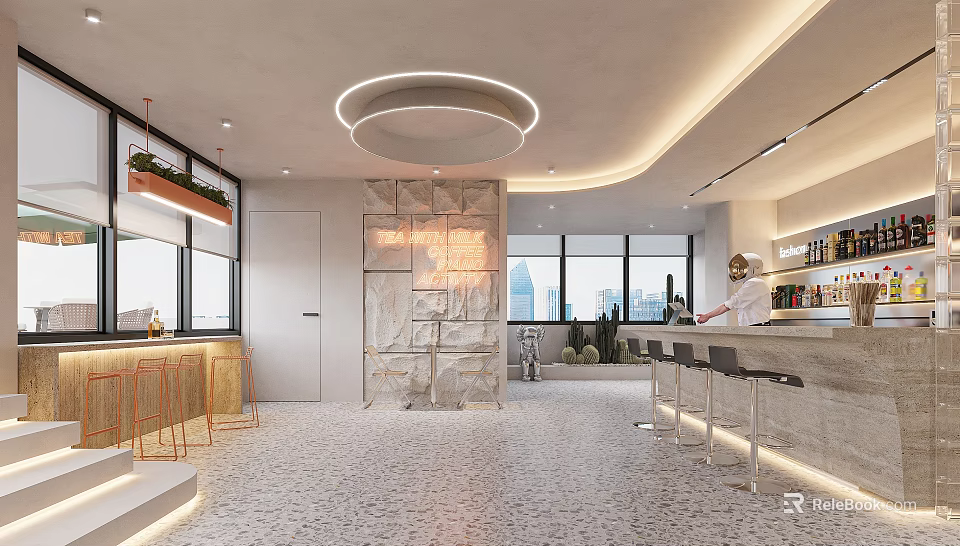 Modern Bar Interior With Stools Plants Large Windows And Ceiling Lights 3d model