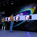 Cosmic Exhibition Hall With Gravitational Wave Theme Arched Entrance And Planet Models
