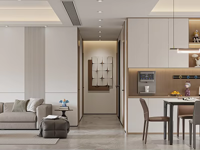 Modern Dining and Living Room Interior With Light Sofa Coffee Table And Dining Chairs 3d model