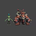 Small Green Goblin With Blue Headpiece And Horned Armored Giant Standing Together