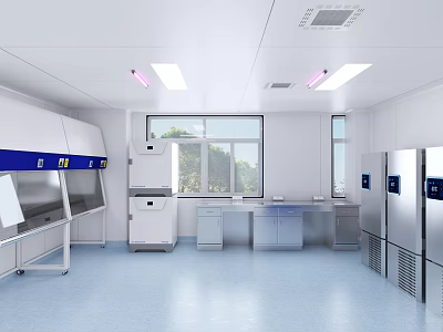 Clean Medical Laboratory Interior With White Workbenches Blue Equipment Windows And Refrigerators 3d model