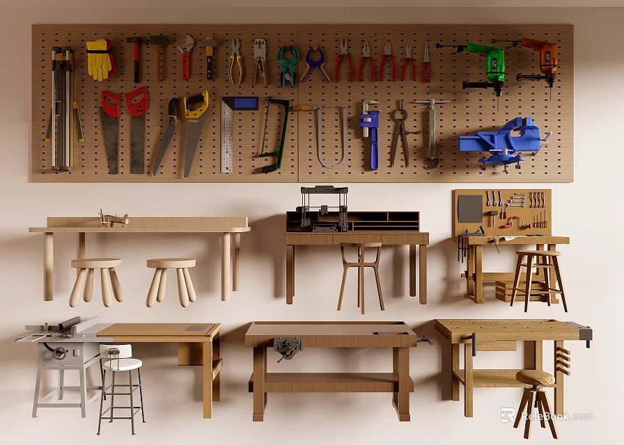 Workshop Setup With Various Hanging Tools On Pegboard And Wooden Workbenches 3d model 