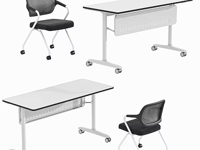 Modern Office Desk With Glass Top And Rolling Wheels Paired With Black Mesh Chair 3d model