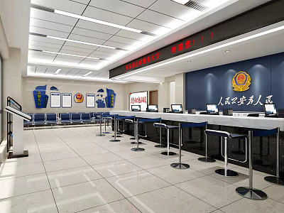 Public Security Service Hall Interior With Service Counters Seats And Computers 3d model