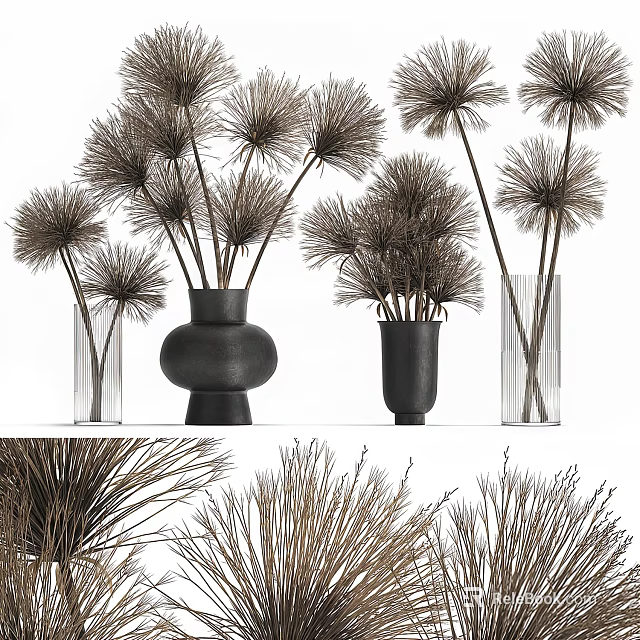 Modern Decorative Ornament Set With Glass Ceramic Vases And Dried Flower Decor 3d model 