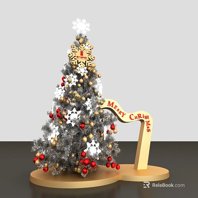 Festive Christmas Tree Decorated With Gold Red Ornaments Snowflake And Merry Christmas Arch 3d model 