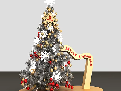 Festive Christmas Tree Decorated With Gold Red Ornaments Snowflake And Merry Christmas Arch 3d model